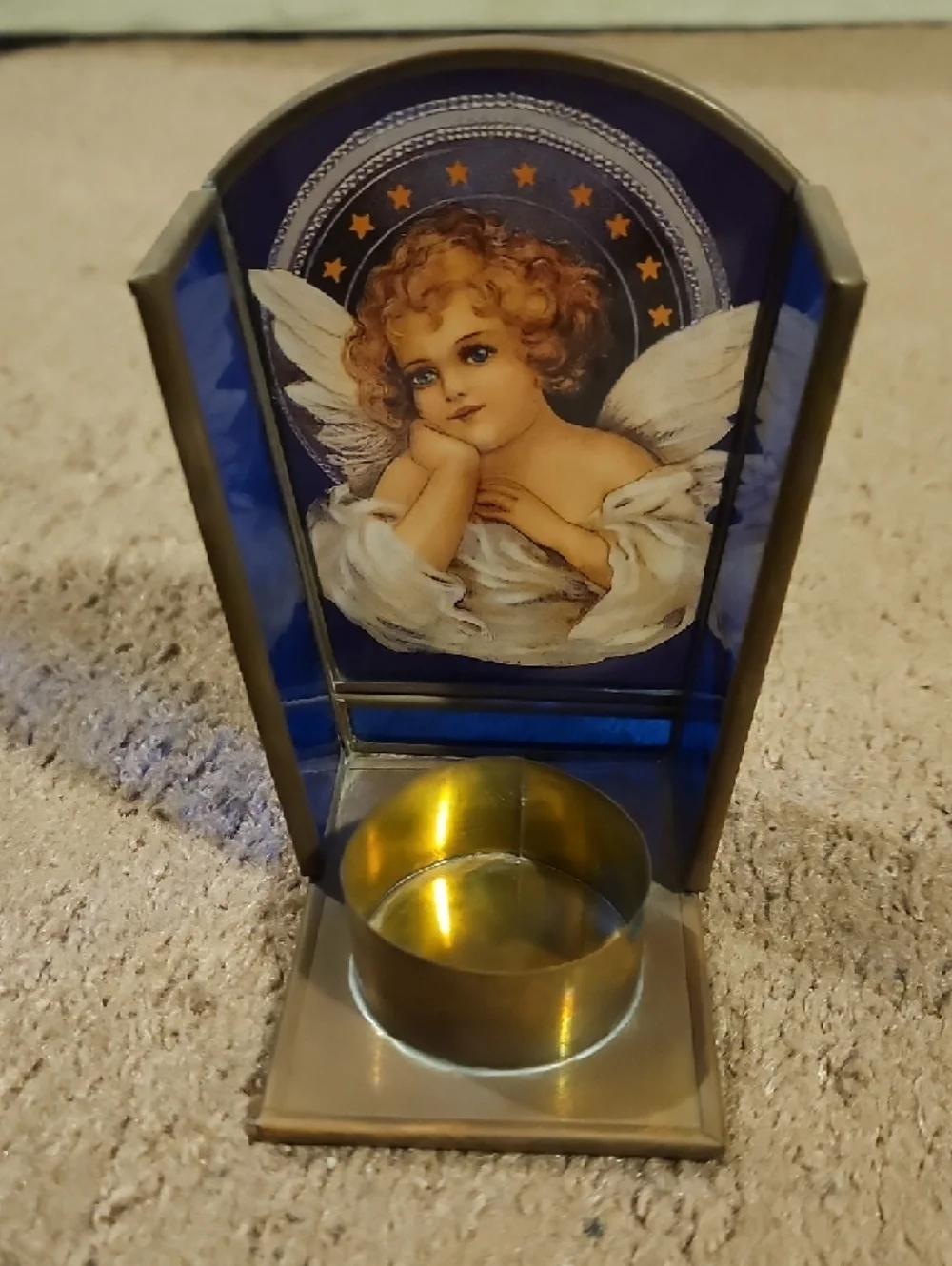 Vintage Enesco Blue Glass & Brass Tealight Candle Holder - Picture 3 of 6